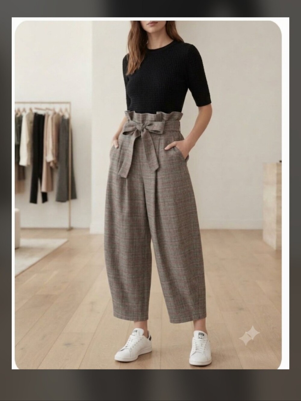1. State High-Waisted Paperbag Pleated Glen Plaid Cropped Trouser Size 8